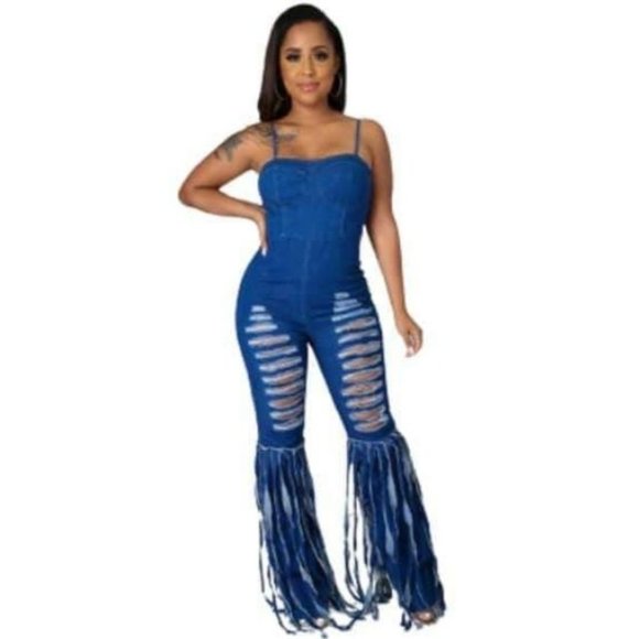 Distressed Denim Fringe Romper, Blue Jean Romper - Picture 1 of 1